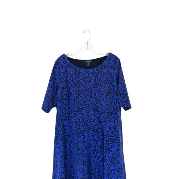 Land's End Plus Blue Black Work Velvet Brocade Ornate Short Sleeve Dress Size 1X - Picture 3 of 12
